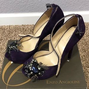 Jeweled purple suede ankle strap peep toe heels